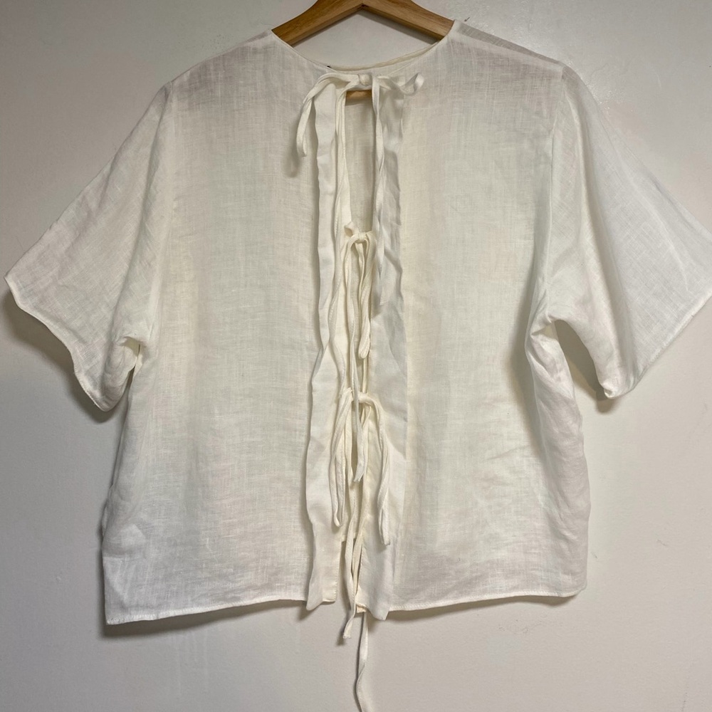 ZARA Linen Tie Front Blouse White Short Sleeve Top XS - Picture 2 of 11